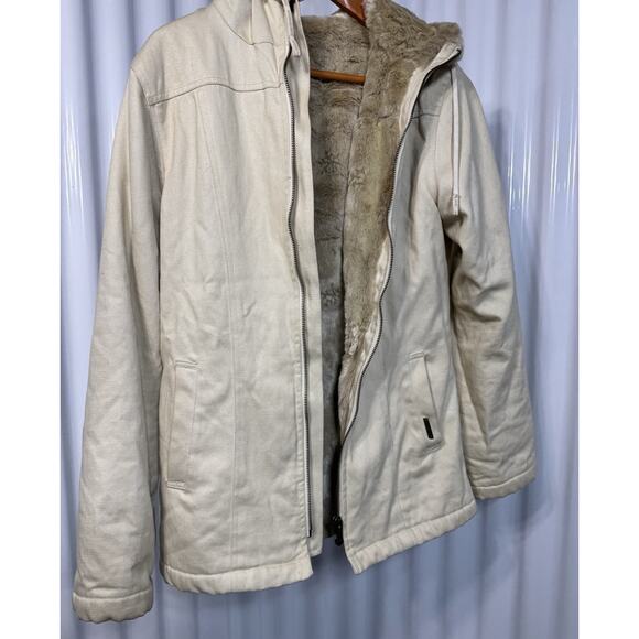 Womens Hemp Hoodlamb Size Medium Jacket Coat Hooded Cream Fur Lined Canvas Heavy